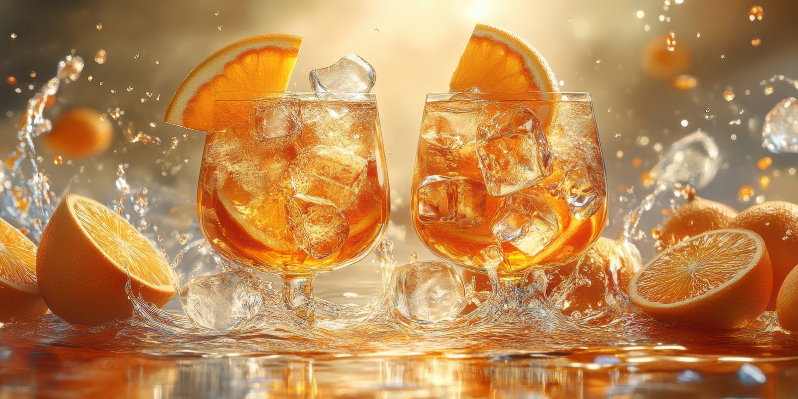 Refreshing citrus cocktails with ice and fresh oranges at sunset near the beach
